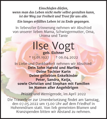 Traueranzeige von Ilse Vogt von Trauerkombi Weißenfels