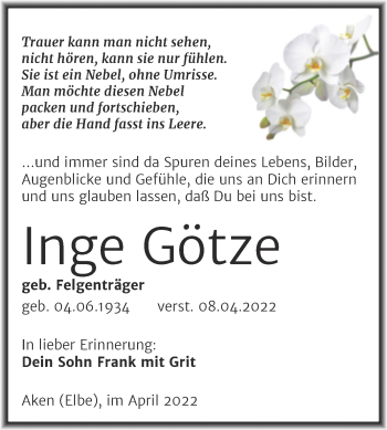 Traueranzeige von Inge Götze von Trauerkombi Köthen
