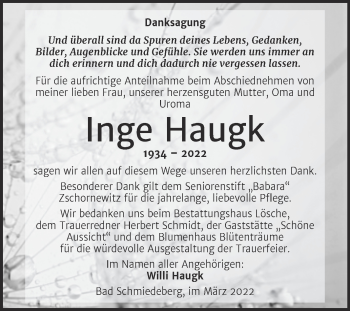 Traueranzeige von Inge Haugk von Trauerkombi Wittenberg
