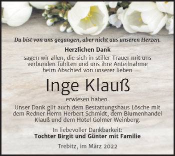 Traueranzeige von Inge Klauß von Trauerkombi Wittenberg