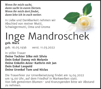 Traueranzeige von Inge Mandroschek von Trauerkombi Weißenfels