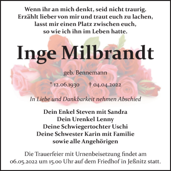 Traueranzeige von Inge Milbrandt von Trauerkombi Bitterfeld