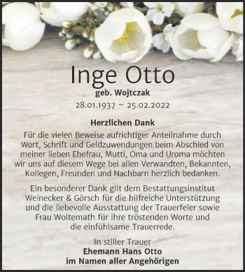 Traueranzeige von Inge Otto von Trauerkombi Bernburg
