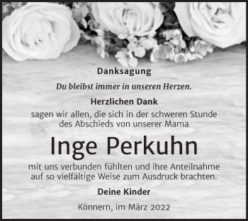 Traueranzeige von Inge Perkuhn von Trauerkombi Bernburg