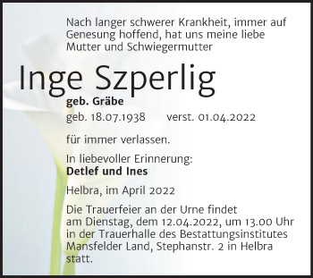 Traueranzeige von Inge Szperlig von Trauerkombi Mansfelder Land