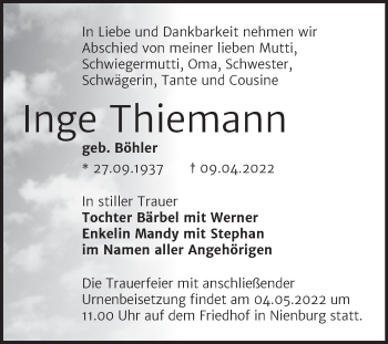 Traueranzeige von Inge Thiemann von Trauerkombi Bernburg