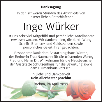 Traueranzeige von Inge Würker von Trauerkombi Bitterfeld