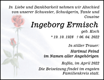 Traueranzeige von Ingeborg Ermisch von Trauerkombi Sangerhausen