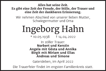 Traueranzeige von Ingeborg Hahn von Trauerkombi Aschersleben
