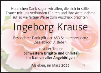 Traueranzeige von Ingeborg Krause von Trauerkombi Bernburg