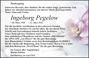 Traueranzeige von Ingeborg Pegelow von Trauerkombi Quedlinburg