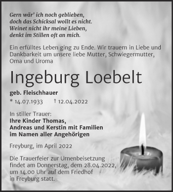 Traueranzeige von Ingeburg Loebelt von Wochenspiegel Naumburg/Nebra