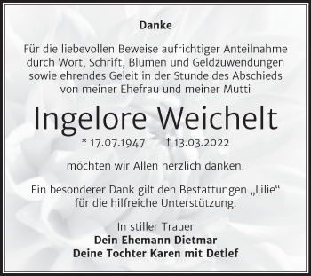 Traueranzeige von Ingelore Weichelt von Trauerkombi Dessau