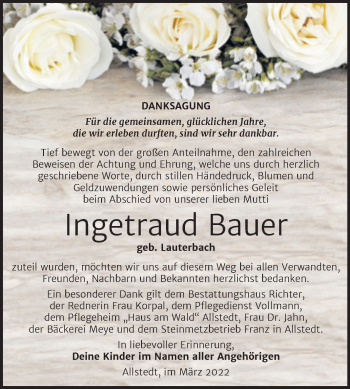Traueranzeige von Ingetraud Bauer von Trauerkombi Sangerhausen