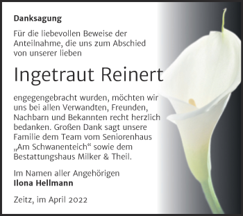 Traueranzeige von Ingetraut Reinert von Trauerkombi Zeitz