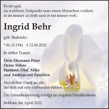 Traueranzeige von Ingrid Behr von Trauerkombi Bitterfeld
