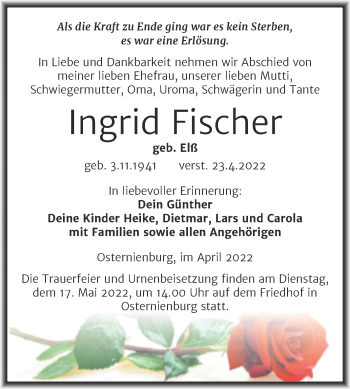 Traueranzeige von Ingrid Fischer von Trauerkombi Köthen