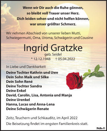 Traueranzeige von Ingrid Gratzke von Trauerkombi Weißenfels
