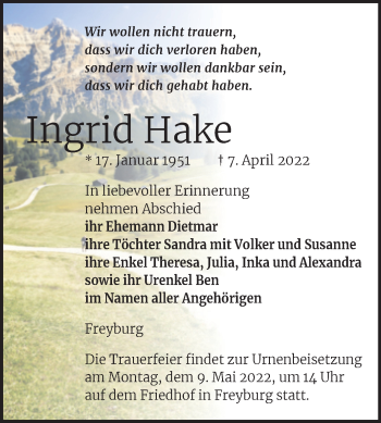 Traueranzeige von Ingrid Hake von Naumburger Tageblatt