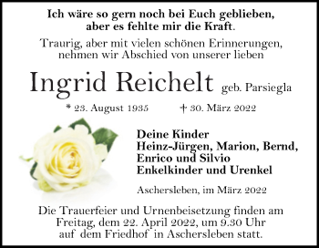 Traueranzeige von Ingrid Reichelt von Trauerkombi Aschersleben