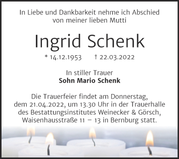 Traueranzeige von Ingrid Schenk von Trauerkombi Bernburg