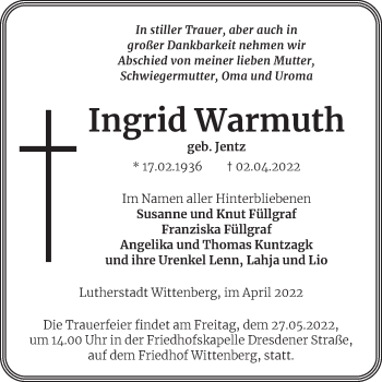 Traueranzeige von Ingrid Warmuth von Trauerkombi Wittenberg