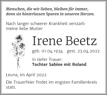 Traueranzeige von Irene Beetz von Trauerkombi Merseburg