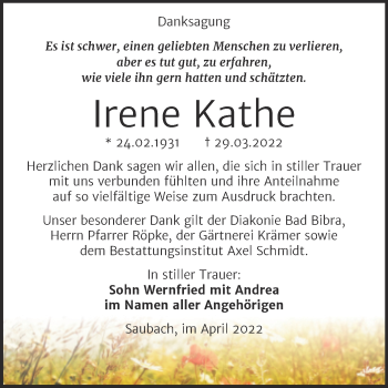 Traueranzeige von Irene Kathe von Wochenspiegel Naumburg/Nebra