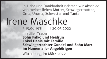 Traueranzeige von Irene Maschke von Trauerkombi Wittenberg