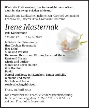 Traueranzeige von Irene Masternak von Trauerkombi Aschersleben