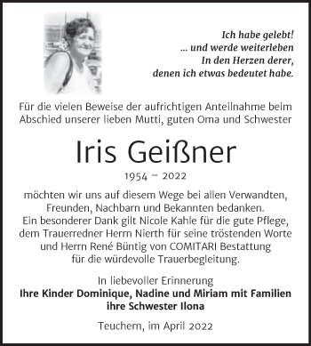 Traueranzeige von Iris Geißner von Trauerkombi Weißenfels