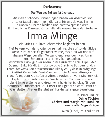 Traueranzeige von Irma Minge von Trauerkombi Köthen
