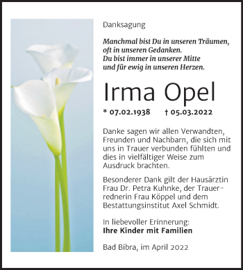 Traueranzeige von Irma Opel von Wochenspiegel Naumburg/Nebra