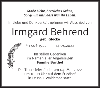 Traueranzeige von Irmgard Behrend von Trauerkombi Dessau