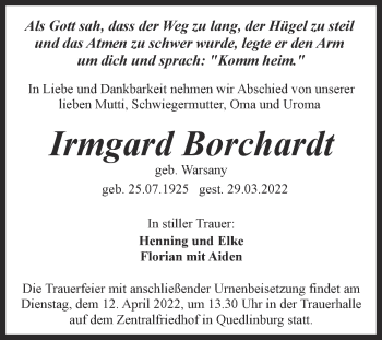 Traueranzeige von Irmgard Borchardt von Trauerkombi Quedlinburg