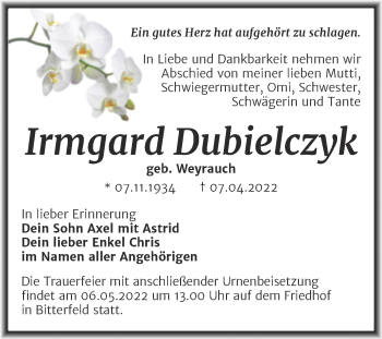 Traueranzeige von Irmgard Dubielczyk von Trauerkombi Bitterfeld