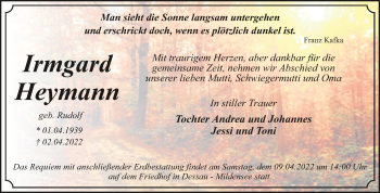 Traueranzeige von Irmgard Heymann von Mitteldeutsche Zeitung Dessau-Roßlau