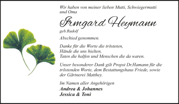 Traueranzeige von Irmgard Heymann von Trauerkombi Dessau