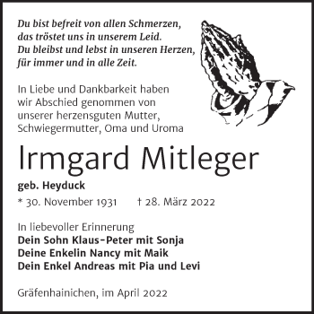 Traueranzeige von Irmgard Mitleger von Trauerkombi Wittenberg