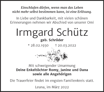 Traueranzeige von Irmgard Schütz von Trauerkombi Merseburg