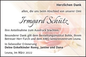 Traueranzeige von Irmgard Schütz von Trauerkombi Merseburg