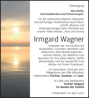 Traueranzeige von Irmgard Wagner von Trauerkombi Bitterfeld