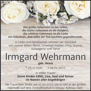 Traueranzeige von Irmgard Wehrmann von Trauerkombi Dessau