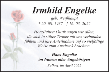 Traueranzeige von Irmhild Engelke von Mitteldeutsche Zeitung Sangerhausen