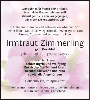 Traueranzeige von Irmtraut Zimmerling von Trauerkombi Weißenfels