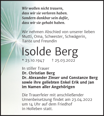 Traueranzeige von Isolde Berg von Mitteldeutsche Zeitung Halle/Saalkreis