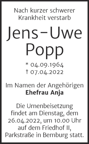 Traueranzeige von Jens-Uwe Popp von Trauerkombi Bernburg