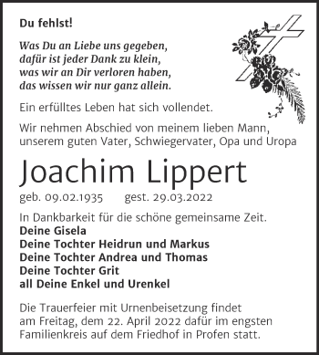 Traueranzeige von Joachim Lippert von Trauerkombi Zeitz