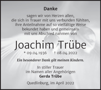 Traueranzeige von Joachim Trübe von Trauerkombi Quedlinburg