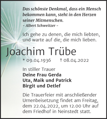 Traueranzeige von Joachim Trübe von Trauerkombi Quedlinburg
